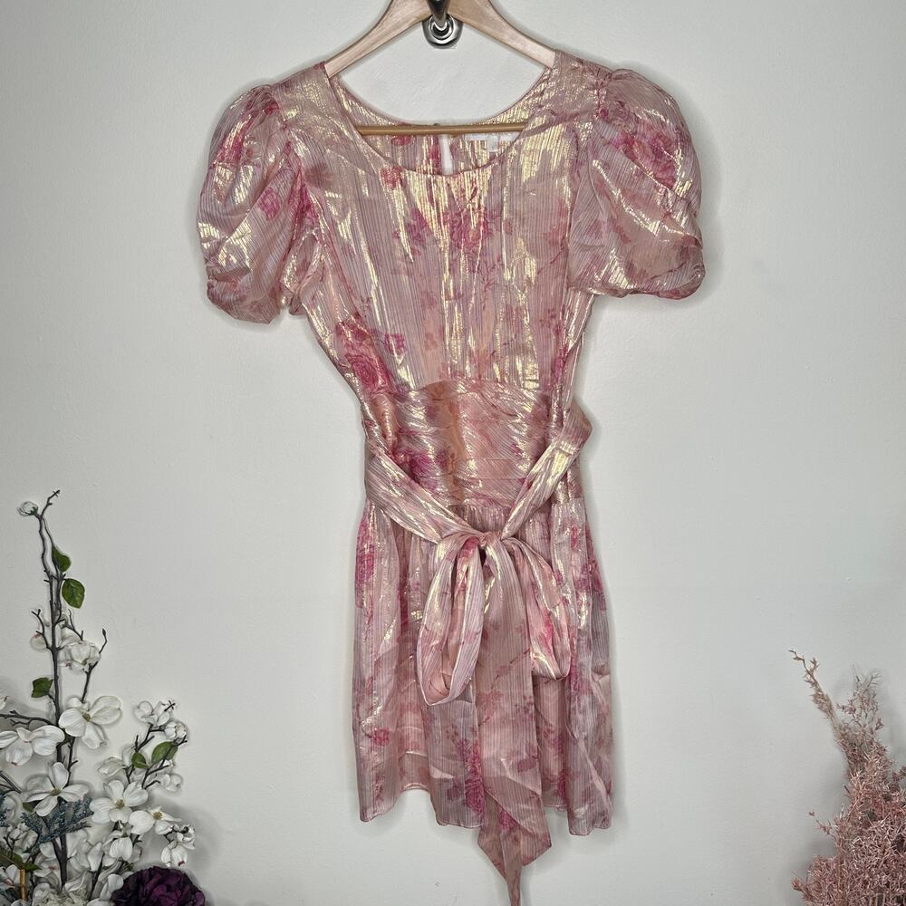 LOVESHACKFANCY Mercy Silk Metallic Puff Sleeve Mini Dress Pink Sz 6 $530 {LL13} - Picture 5 of 8